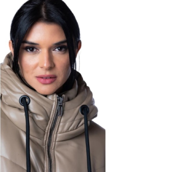 Daniela Cortez Eco Leather Puffer Jacket with Hood in Cognac - Picture 2 of 14